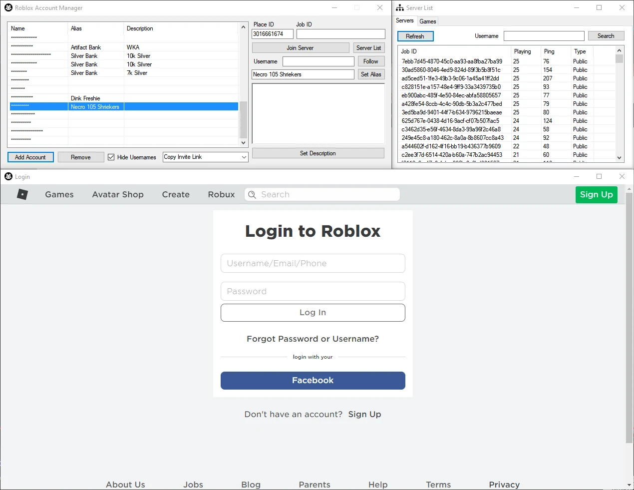 Roblox Account Manager main window showing the account list