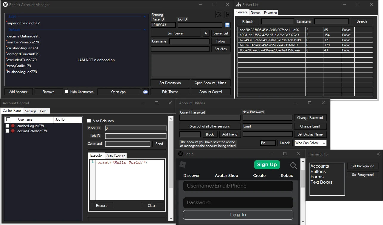 Roblox Account Manager with extra panels visible beside the account list