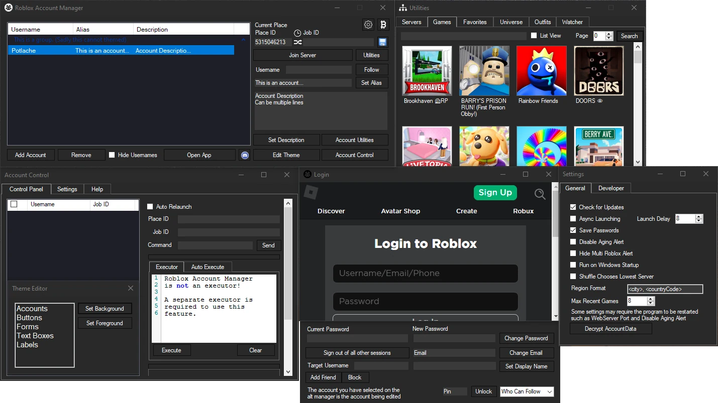Roblox Account Manager screen with game or server-related options
